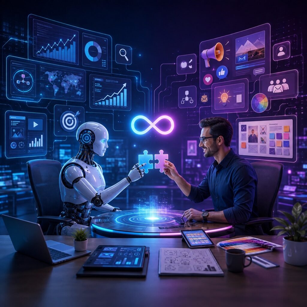 AI vs Traditional Digital Marketing showing artificial intelligence analytics and a human digital marketer working together